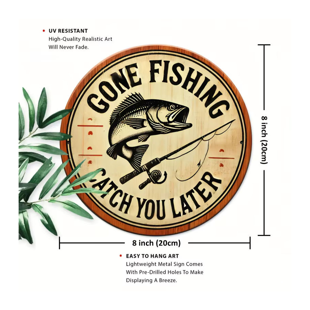 Retro Wandkunstschild Gone Fishing Catch You Later aus Metall in Beige, quadratisch, B/H: 20,32 x 20,32 cm - Bild 2