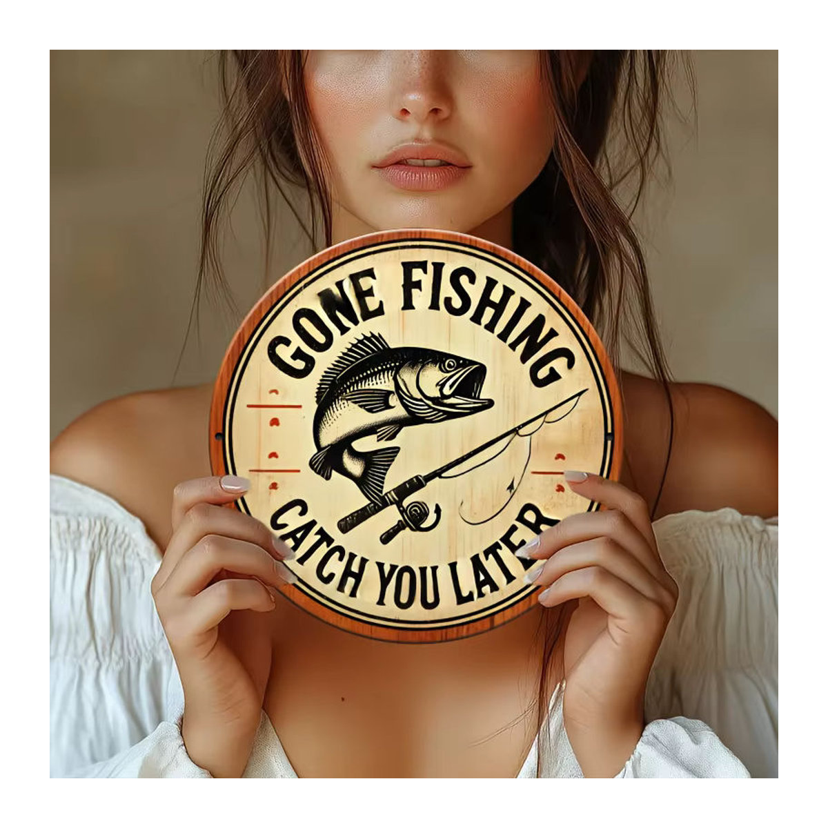 Retro Wandkunstschild Gone Fishing Catch You Later aus Metall in Beige, quadratisch, B/H: 20,32 x 20,32 cm - Bild 4