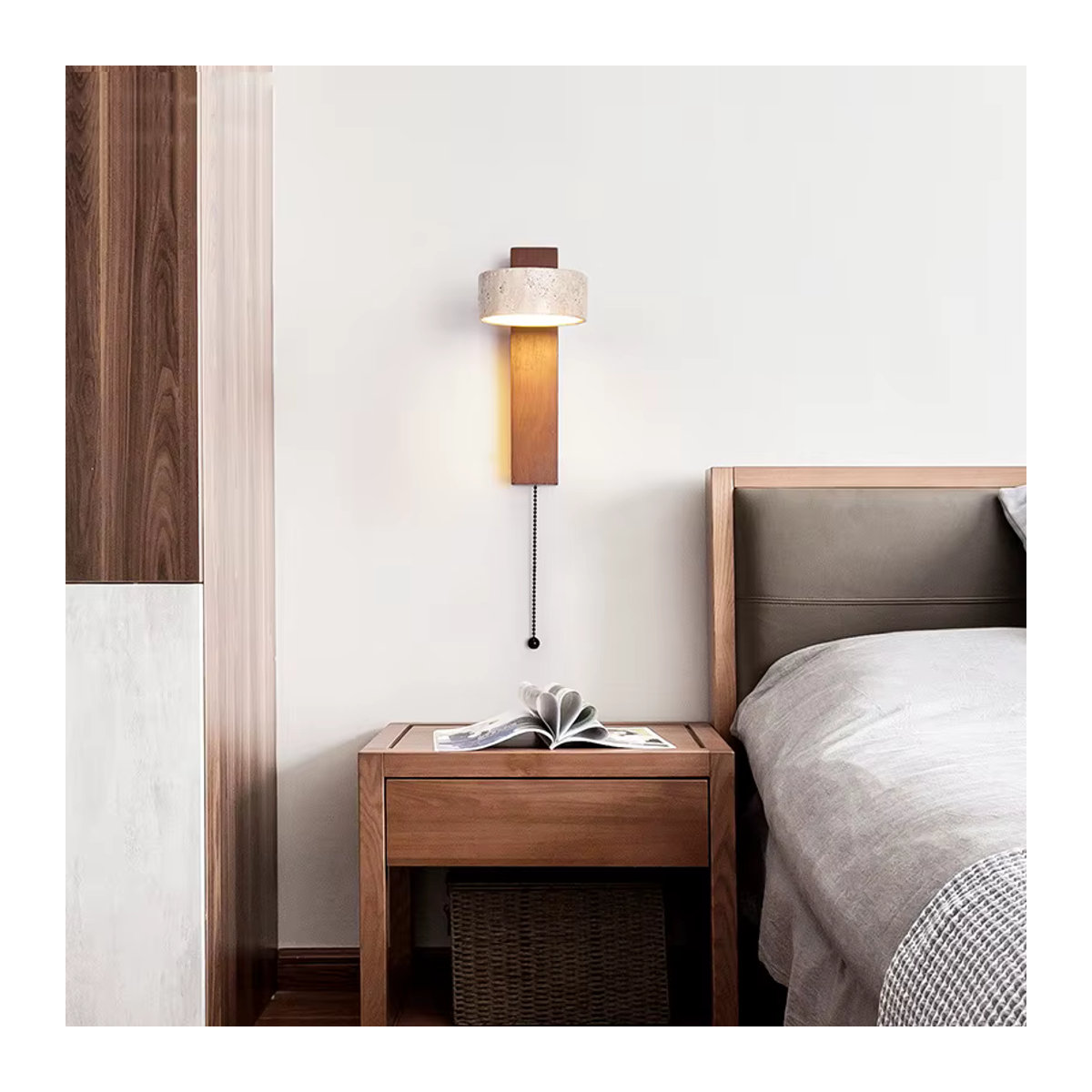 Retro Wandleuchte aus Massivholz mit Zugdrahtschalter im Wabi-Sabi-Stil, Farbe: Beige - Bild 2