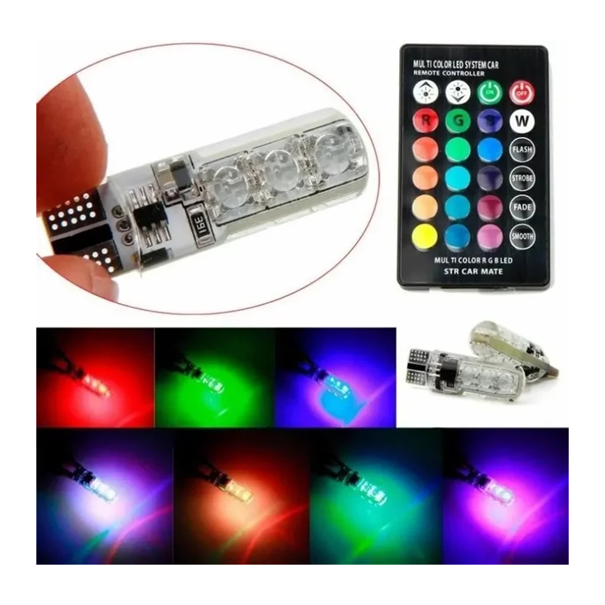 RGB LED Birne T10 W5W 12SMD 5050 mit Fernbedienung und Flash-Funktion für Auto CANbus 194 168 - Bild 1