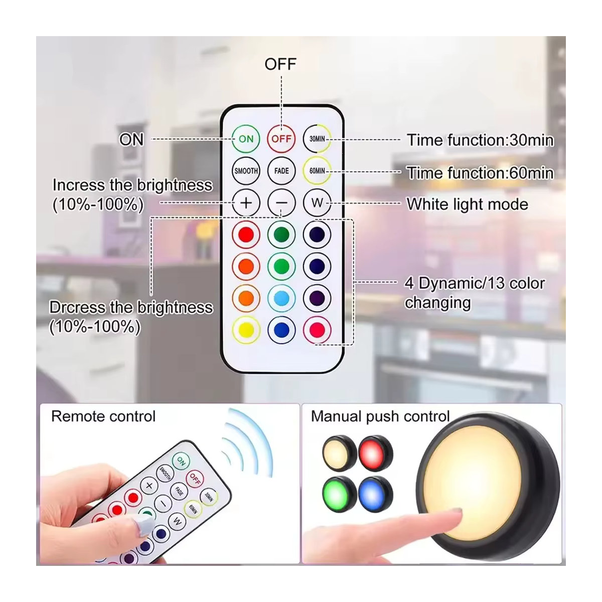 RGB LED Puck Nachtlicht Schwarz Dimmbare Unterbauleuchte mit Fernbedienung Batteriebetrieben für Möbelbeleuchtung - Bild 4