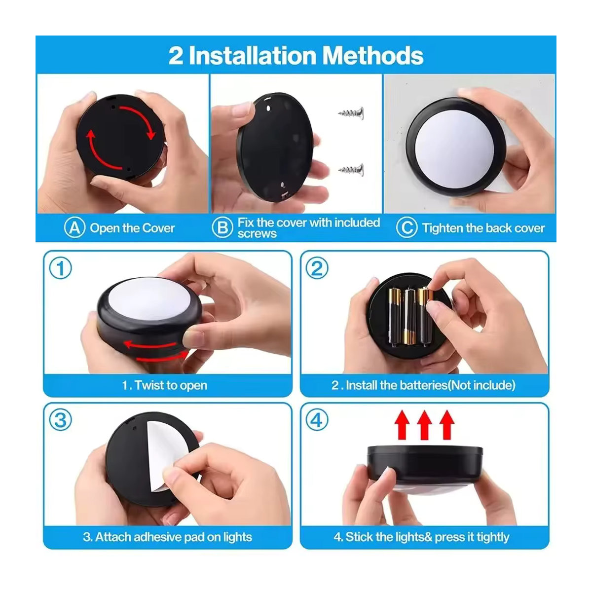 RGB LED Puck Nachtlicht Schwarz Dimmbare Unterbauleuchte mit Fernbedienung Batteriebetrieben für Möbelbeleuchtung - Bild 6