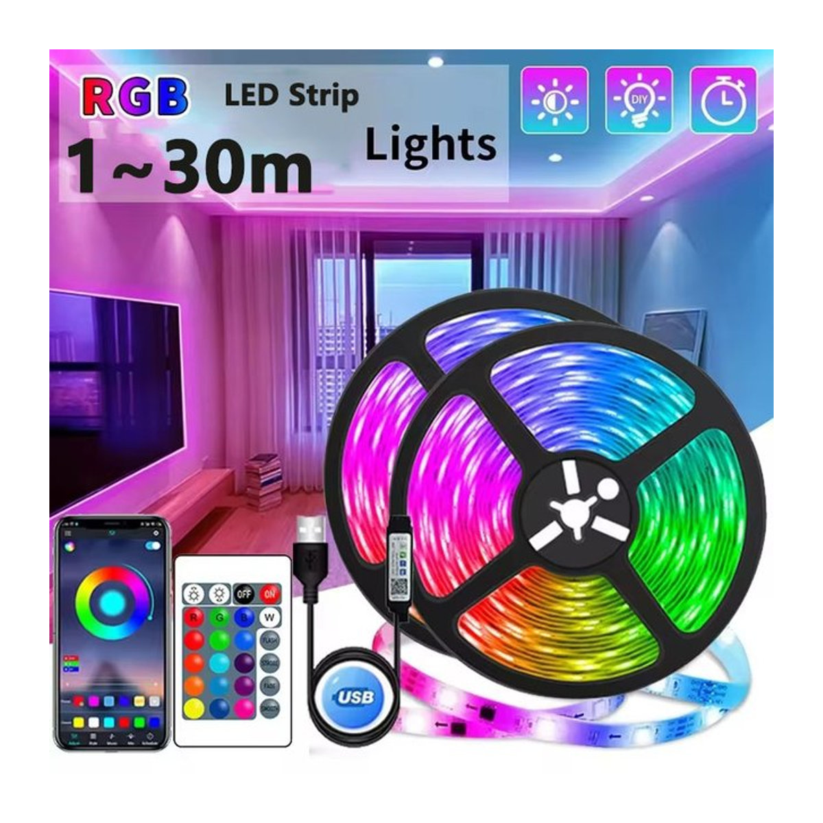 RGB LED-Streifen mit USB-Anschluss und Bluetooth-App-Steuerung sowie 24-Tasten-Fernbedienung für TV-Hintergrundbeleuchtung, Bunt - Bild 1