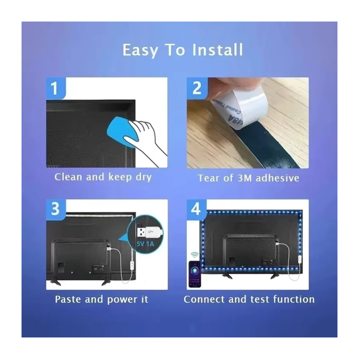 RGB LED-Streifen mit USB-Anschluss und Bluetooth-App-Steuerung sowie 24-Tasten-Fernbedienung für TV-Hintergrundbeleuchtung, Bunt - Bild 4