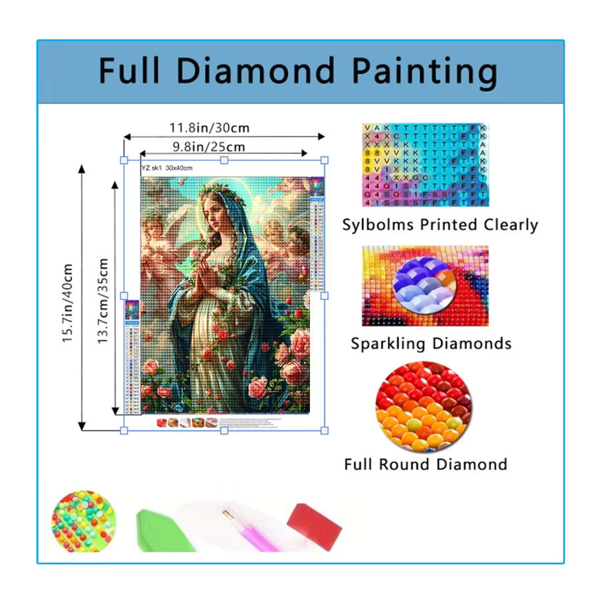Rhineons 2026 Diamant-Gemälde Madonna-Engel mit Rosen als DIY Diamant-Stickerei Mosaik in Mehrfarbig - Bild 2