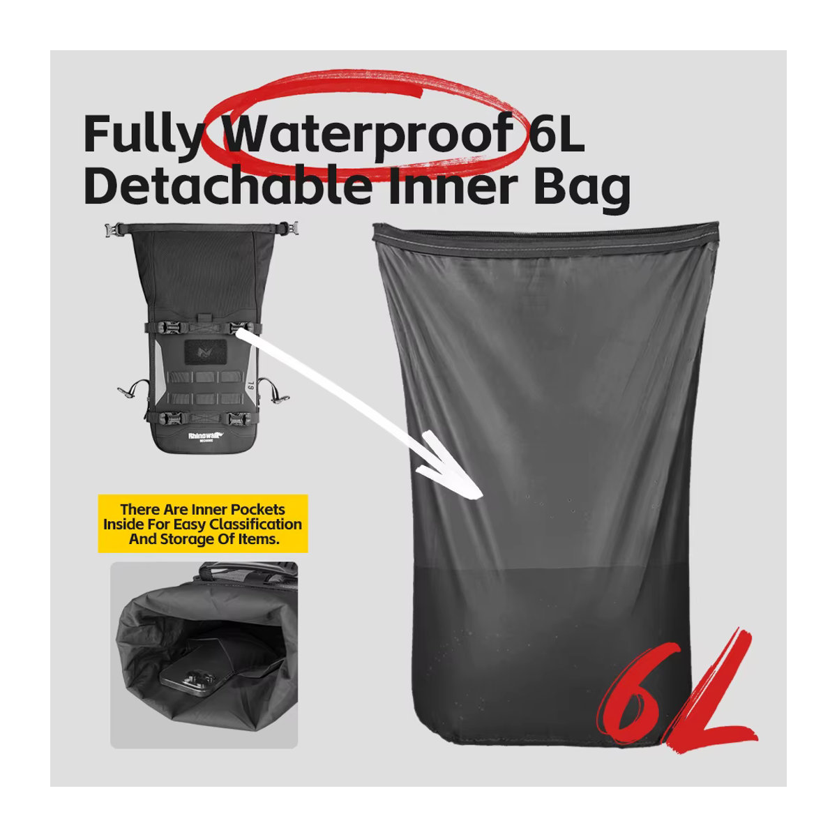 Rhinowalk Motorrad-Stoßstangentasche Schwarz, 6 l wasserdichte Sturzbügeltasche mit innerer Stützplatte für Reisegepäck - Bild 3