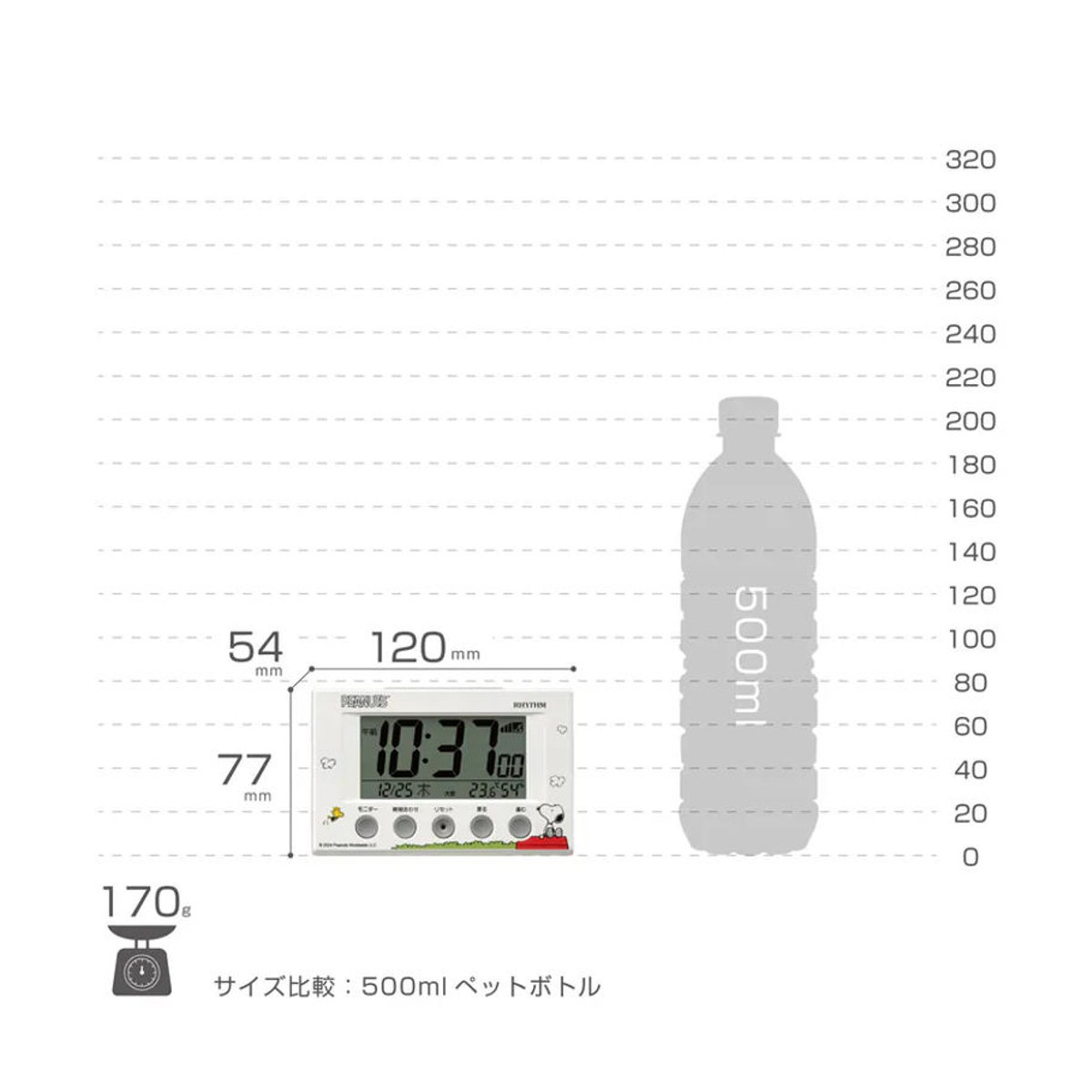 RHYTHM Digitaler Snoopy Wecker mit Funksteuerung, Thermometer, Hygrometer, Datum und Beleuchtung, Weiß, B: 7,7 cm, T: 5,4 cm - Bild 3