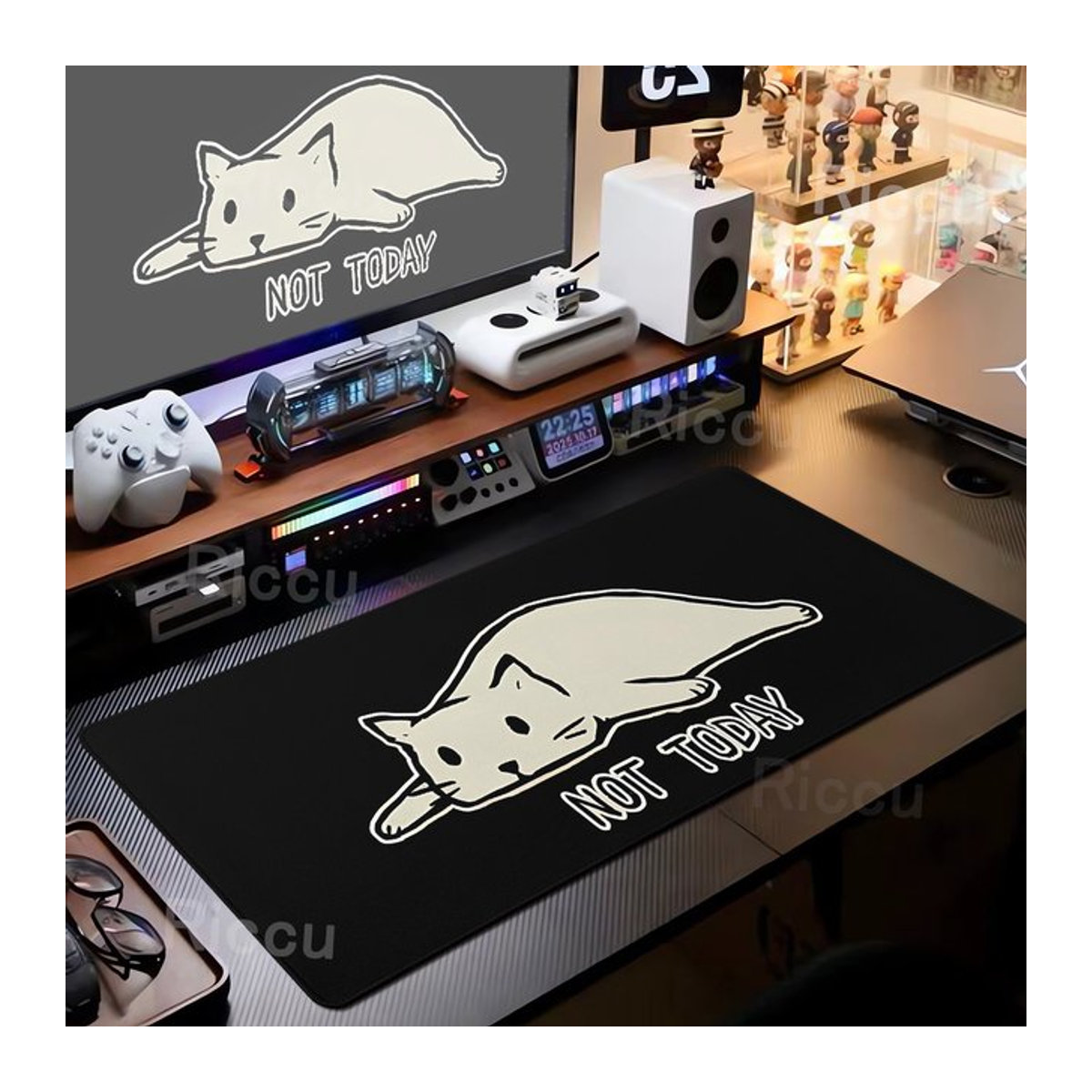 Riccu Gaming-Mauspad mit süßem Katzenmotiv, Schwarz, B/T: 60 x 30 cm, aus Gummi und Textil - Bild 1
