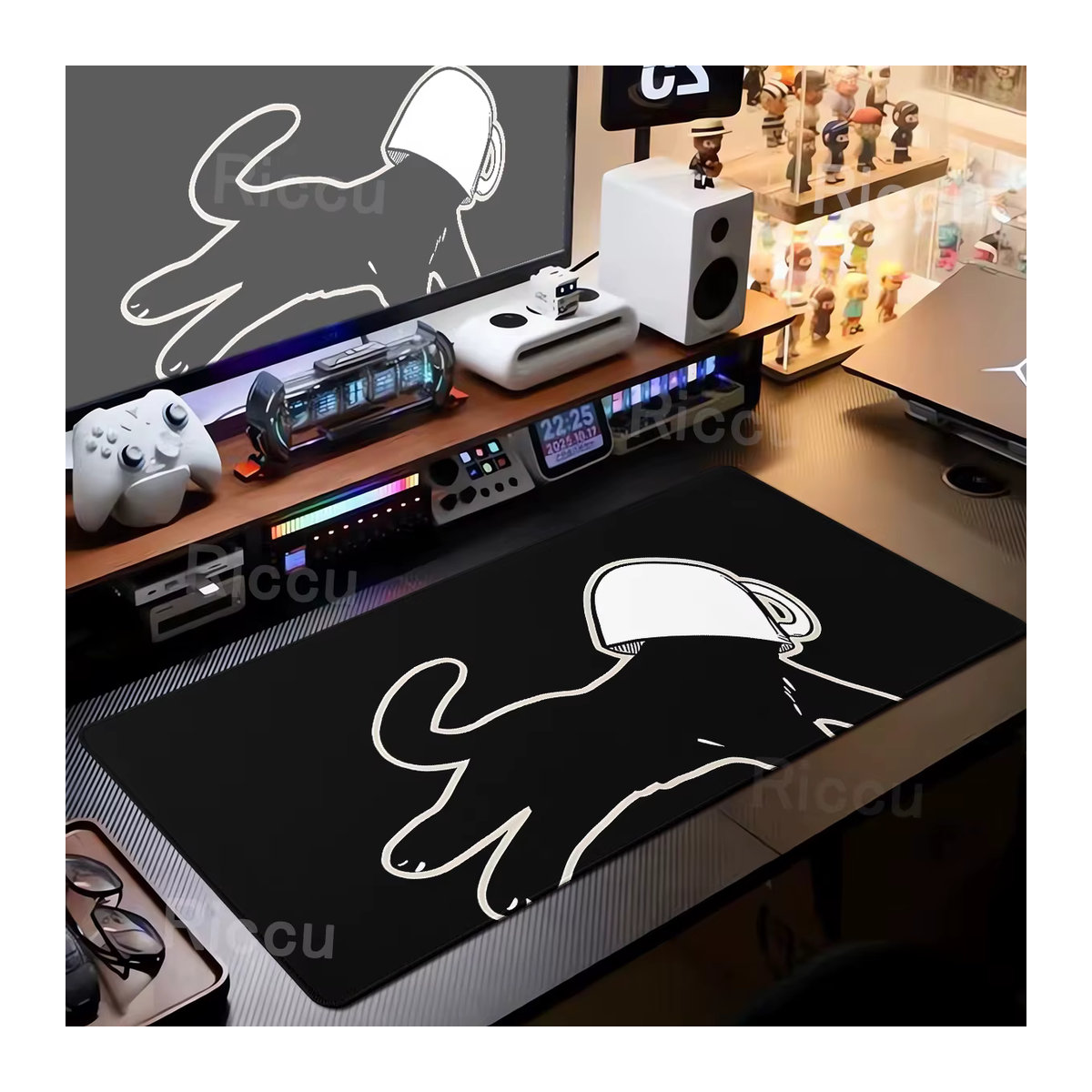 Riccu Gaming-Mauspad mit süßem Katzenmotiv, Schwarz, B/T: 60 x 30 cm, aus Gummi und Textil - Bild 2