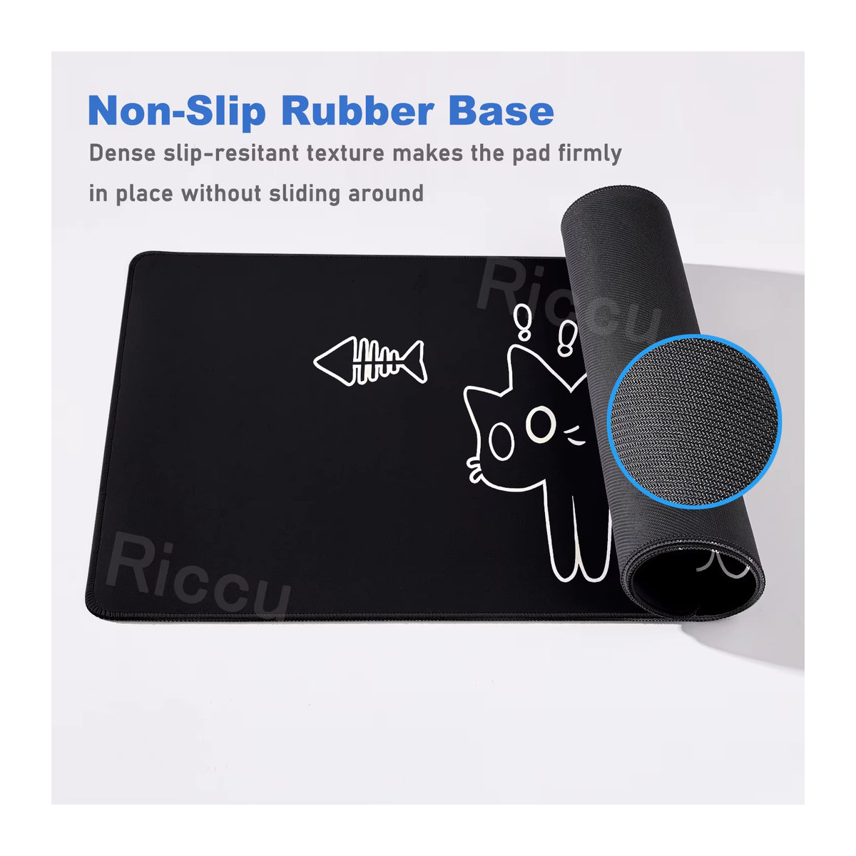 Riccu Gaming-Mauspad mit süßem Katzenmotiv, Schwarz, B/T: 60 x 30 cm, aus Gummi und Textil - Bild 3