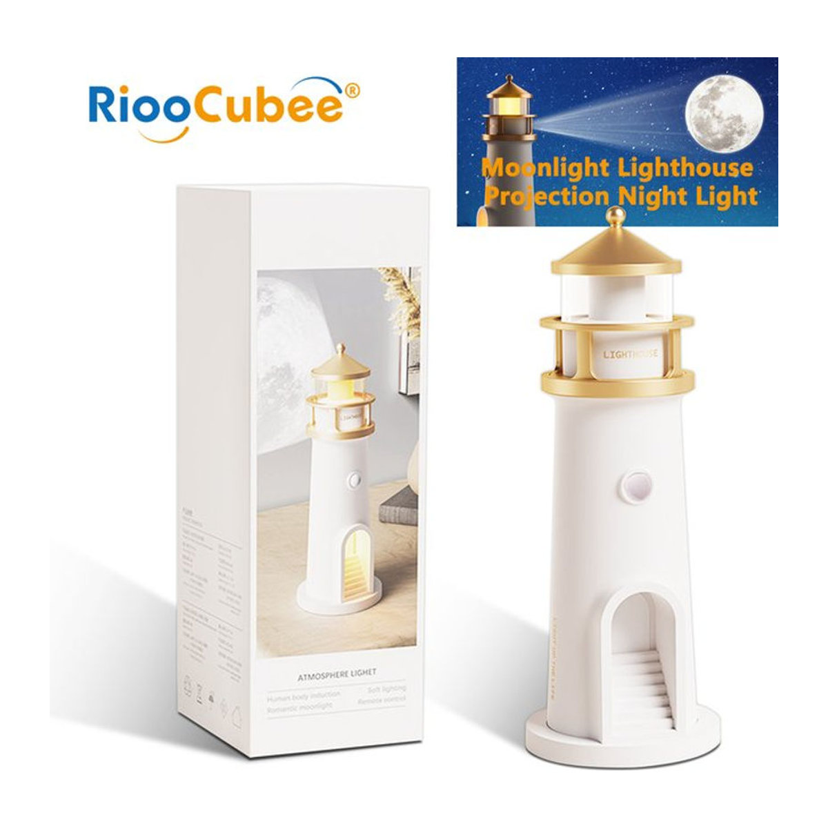 RiooCubee Moonlight Lighthouse Umgebungslampe mit PIR Sensor in Weiß im minimalistischen Design - Bild 1