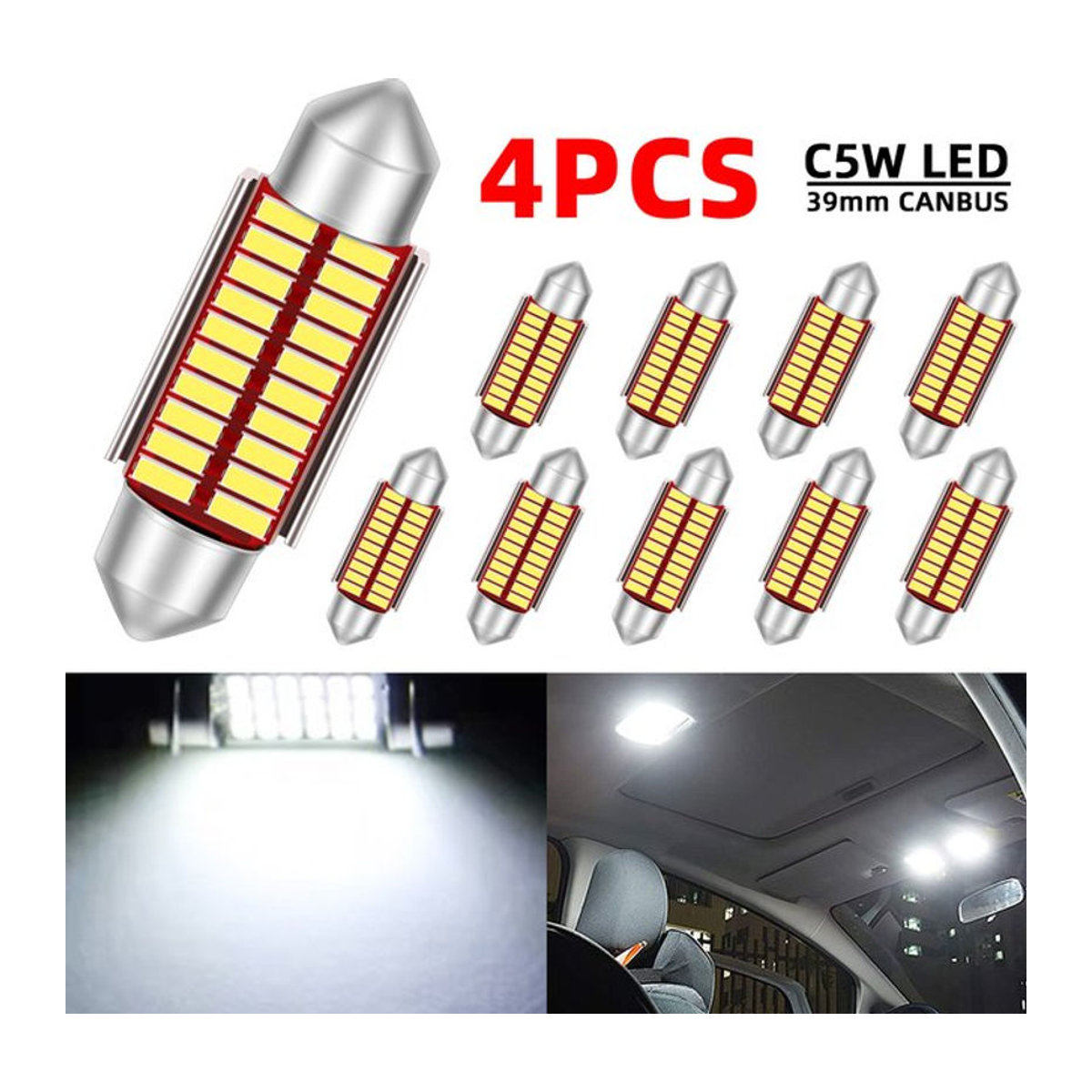 Roadsun 4er Set C5W LED Lampen Canbus Girlande 39mm für Auto Innenraum Dome und Kennzeichenleuchten 12V 24V 3000LM 6500K Kaltweiß - Bild 1