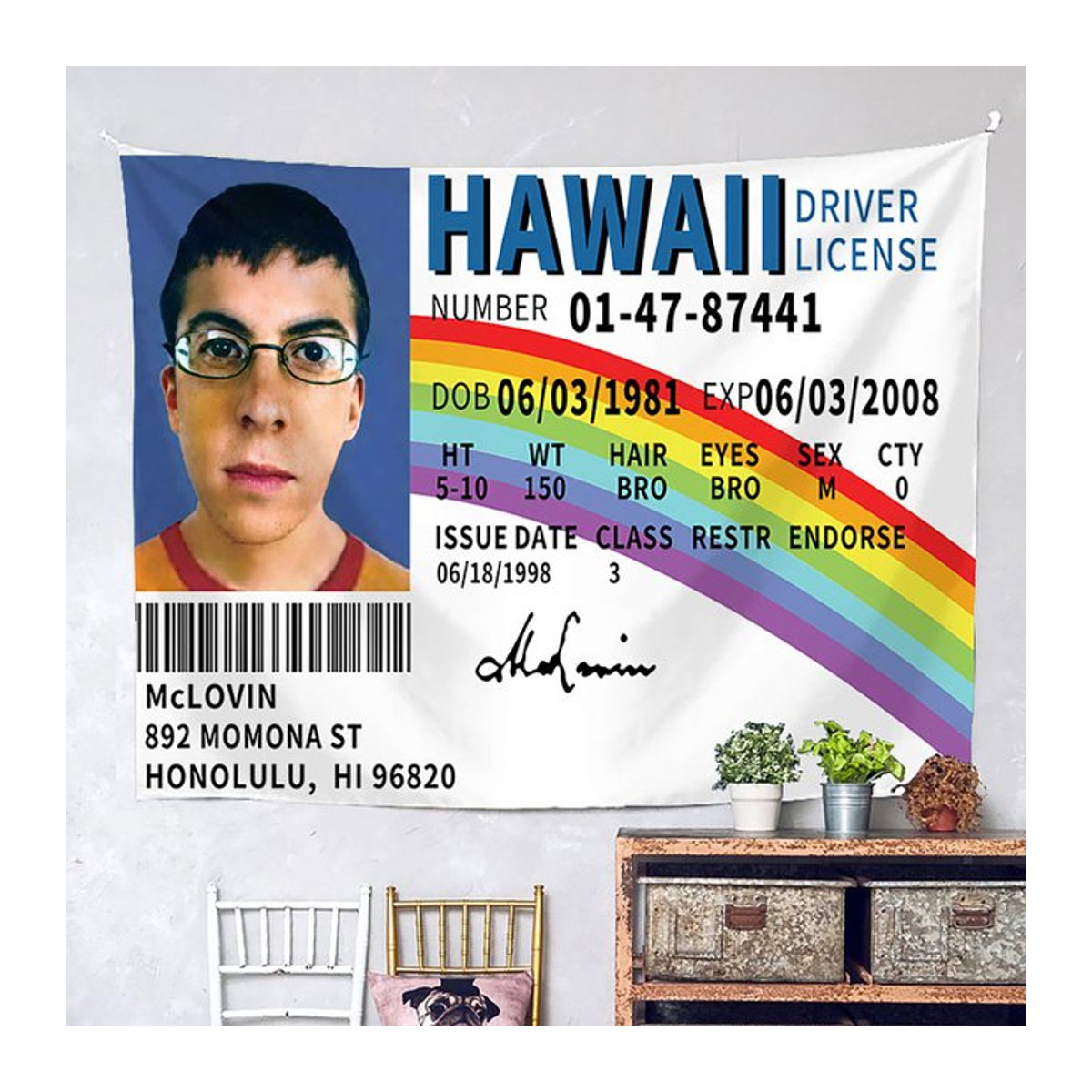 RoarGosh McLovin ID Flagge Wandteppich mit HD-Druck, weißer Meme-Banner für dein Studentenwohnheim - Bild 1