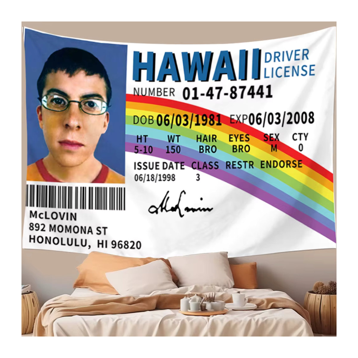 RoarGosh McLovin ID Flagge Wandteppich mit HD-Druck, weißer Meme-Banner für dein Studentenwohnheim - Bild 2
