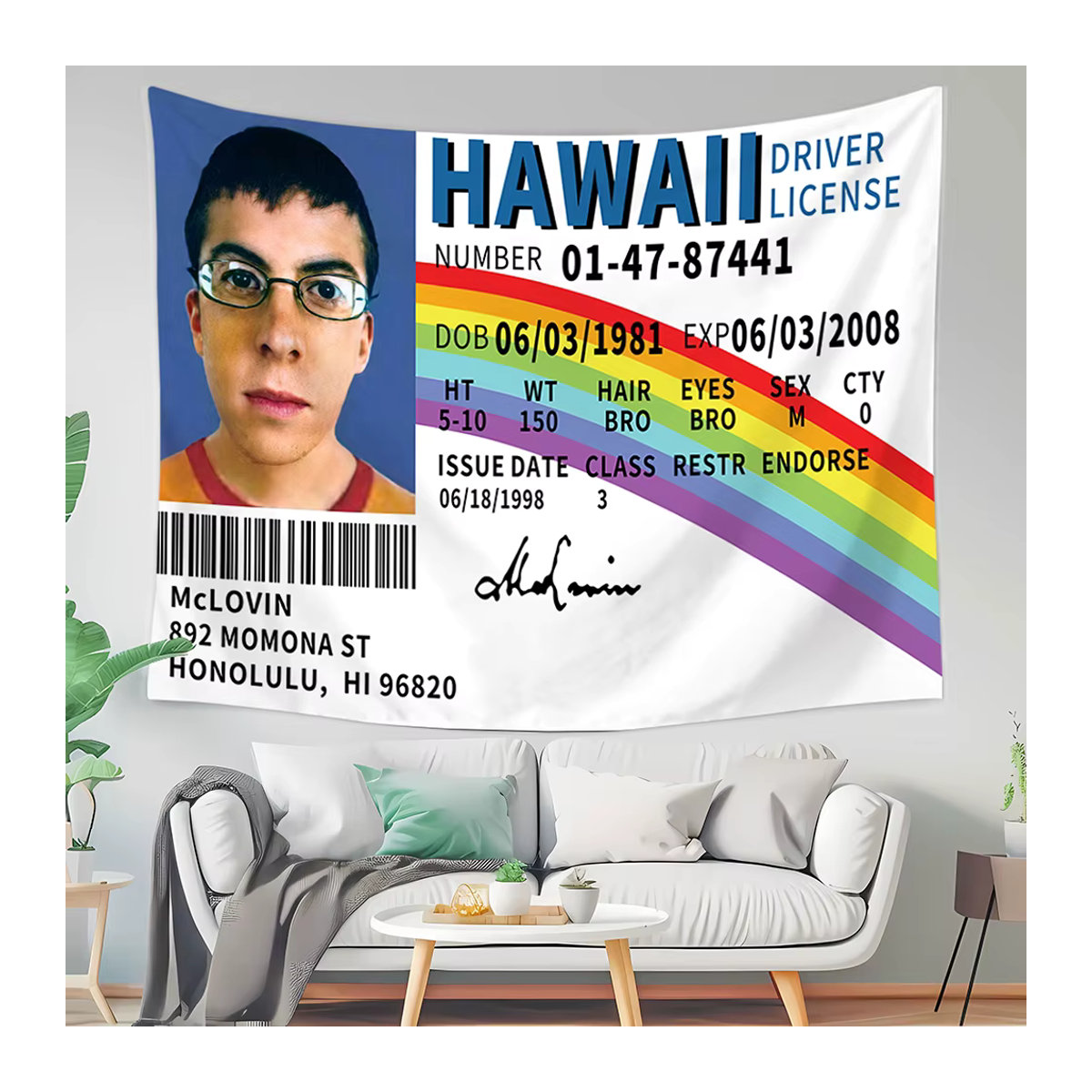RoarGosh McLovin ID Flagge Wandteppich mit HD-Druck, weißer Meme-Banner für dein Studentenwohnheim - Bild 3