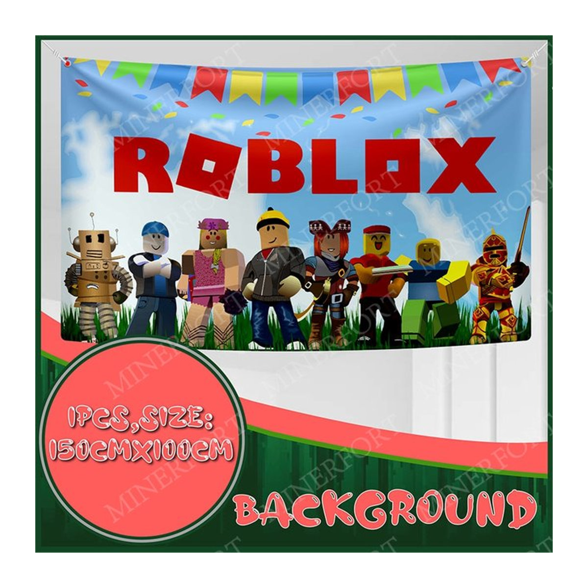 Roblox Cartoon Hintergrund mit Spielkulissen und Charakteren für Kindergeburtstage und Babypartys, mehrfarbig, rechteckig, hängend - Bild 1