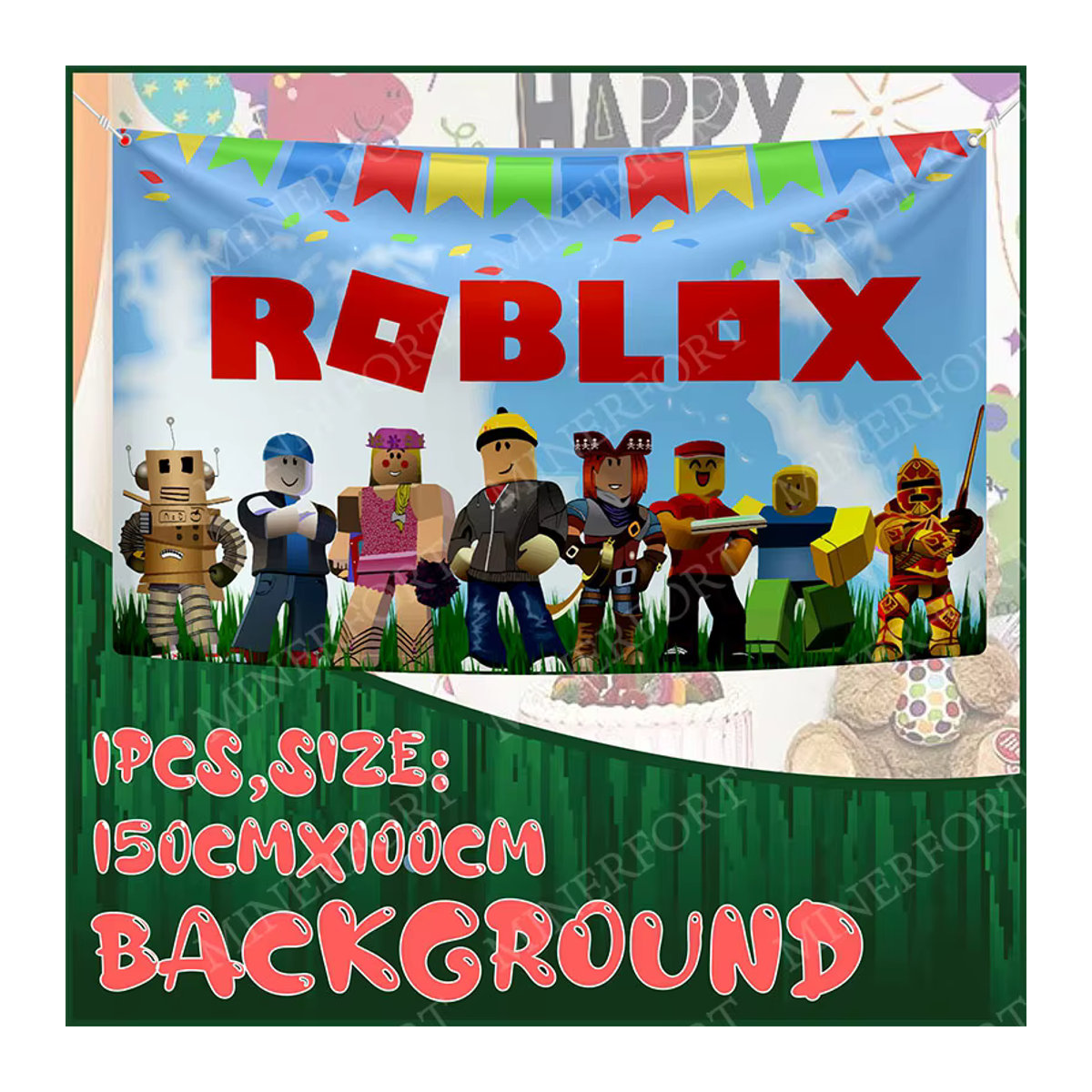 Roblox Cartoon Hintergrund mit Spielkulissen und Charakteren für Kindergeburtstage und Babypartys, mehrfarbig, rechteckig, hängend - Bild 2