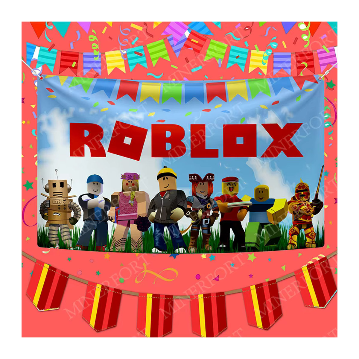 Roblox Cartoon Hintergrund mit Spielkulissen und Charakteren für Kindergeburtstage und Babypartys, mehrfarbig, rechteckig, hängend - Bild 3