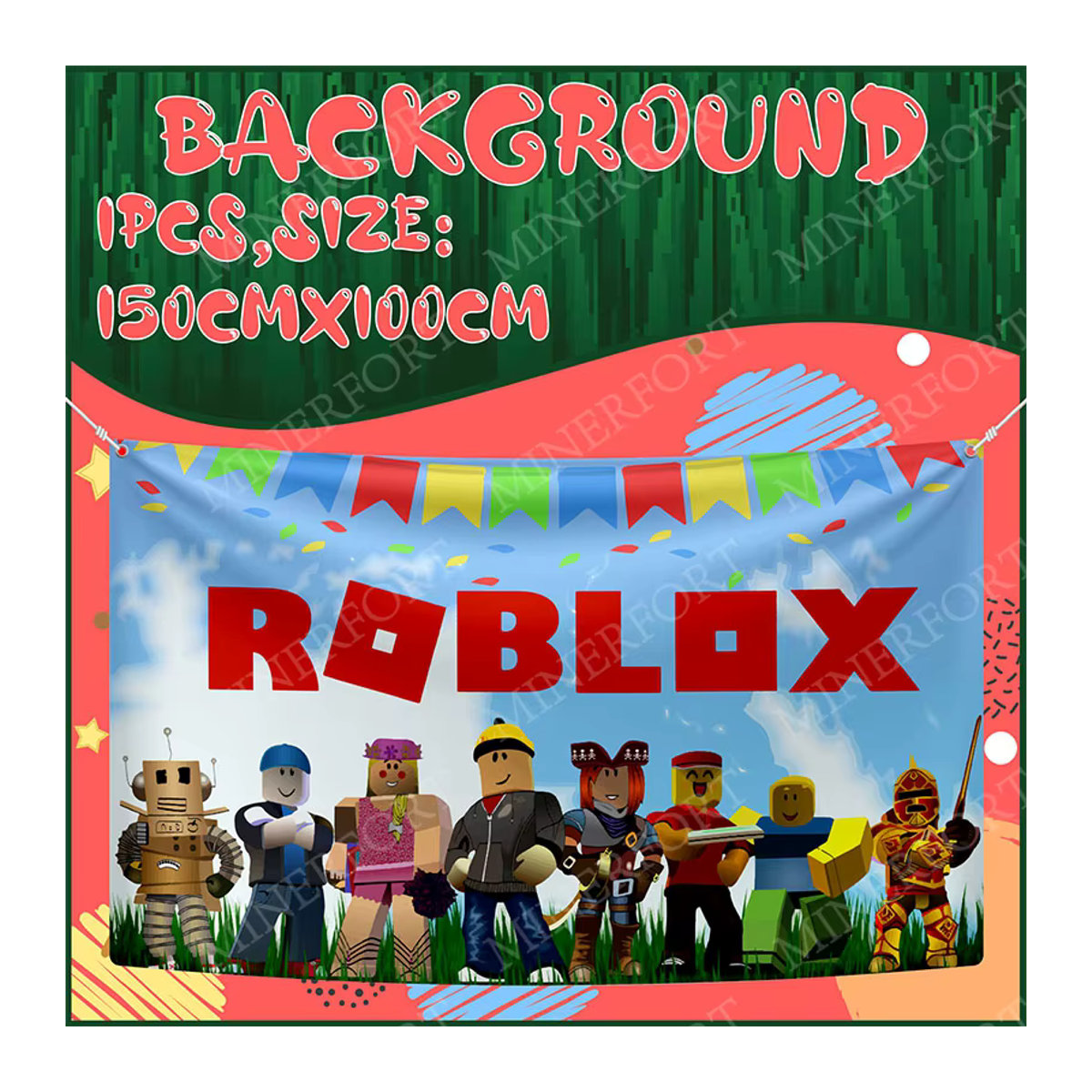 Roblox Cartoon Hintergrund mit Spielkulissen und Charakteren für Kindergeburtstage und Babypartys, mehrfarbig, rechteckig, hängend - Bild 4