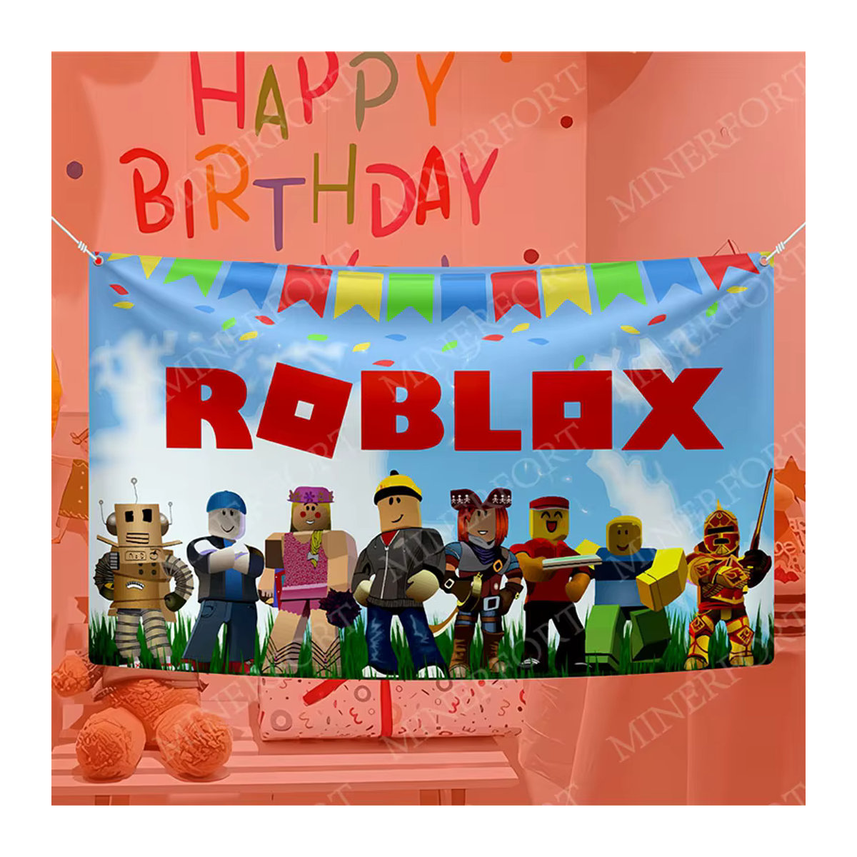 Roblox Cartoon Hintergrund mit Spielkulissen und Charakteren für Kindergeburtstage und Babypartys, mehrfarbig, rechteckig, hängend - Bild 5