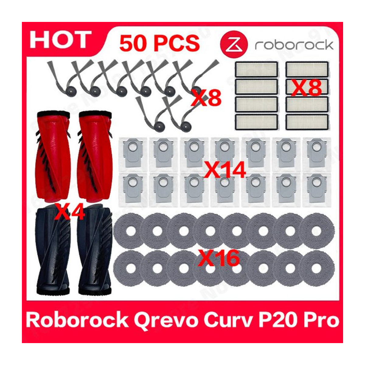Roborock Ersatzteil-Set für Qrevo Curv P20 Pro mit Hauptbürste, Seitenbürste, HEPA-Filter, Wischmopp und Staubbeutel in Bunt - Bild 1