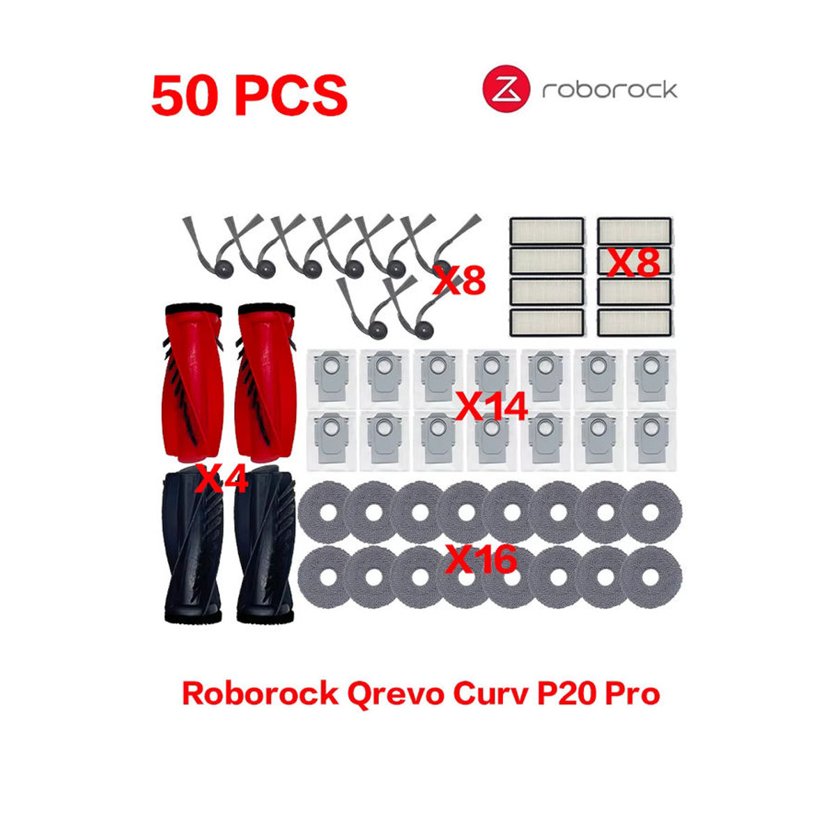 Roborock Ersatzteil-Set für Qrevo Curv P20 Pro mit Hauptbürste, Seitenbürste, HEPA-Filter, Wischmopp und Staubbeutel in Bunt - Bild 2
