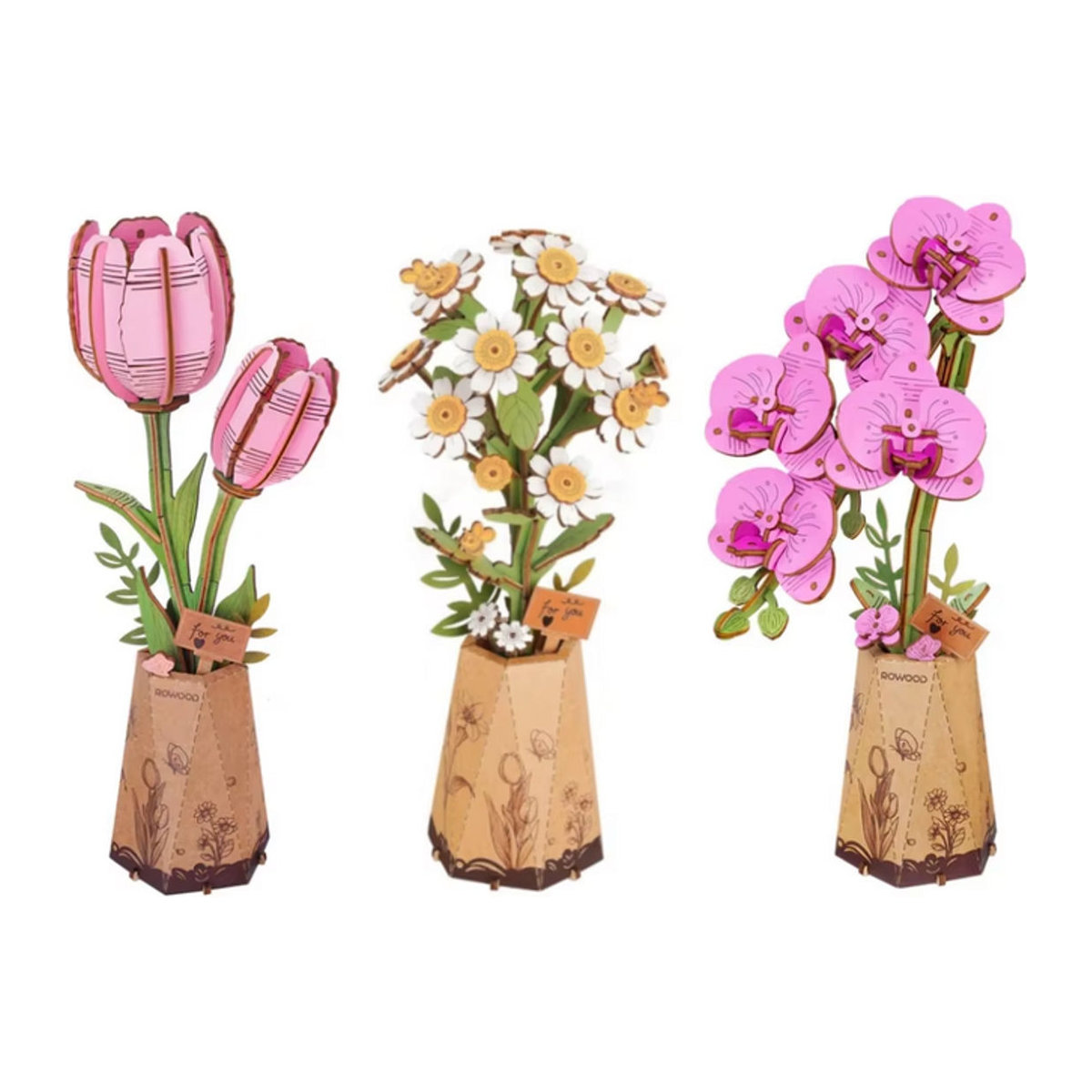 Robotime 3D Holzpuzzle Blumenstrauß als Bastelset mit mehrfarbigen Holzblüten in Rot zur Dekoration - Bild 1