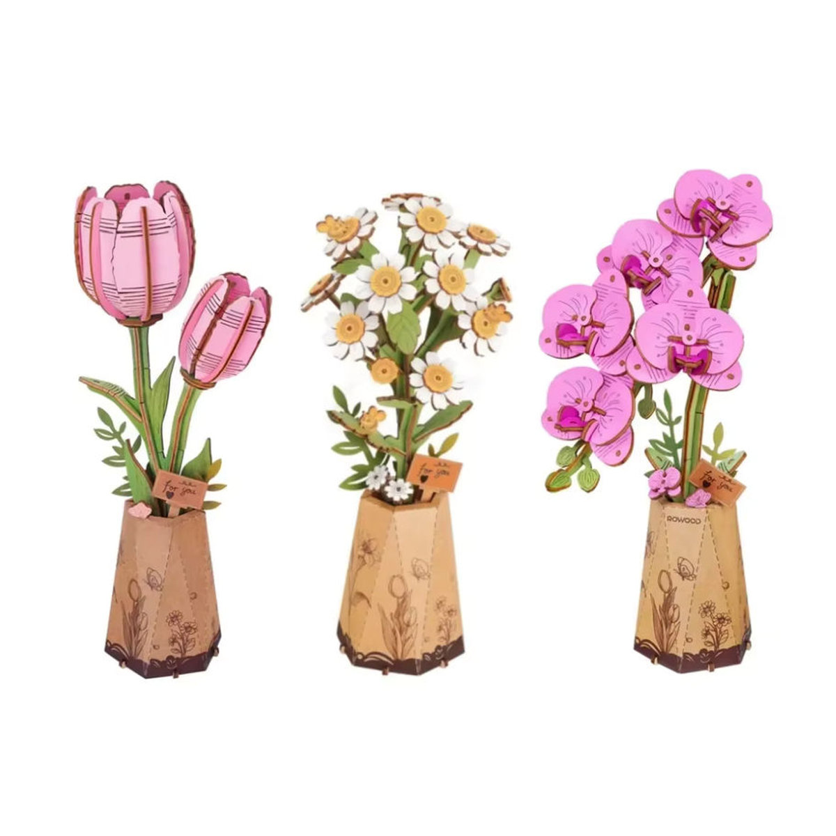 Robotime 3D Holzpuzzle Blumenstrauß als Bastelset mit mehrfarbigen Holzblüten in Rot zur Dekoration - Bild 2