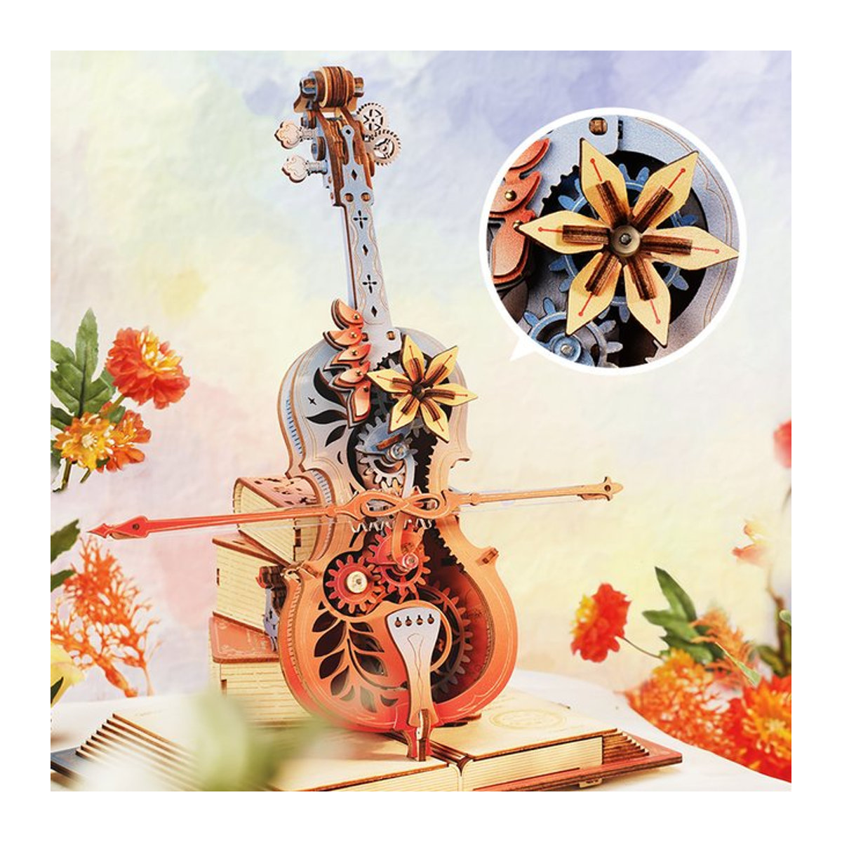 Robotime Magic Cello 3D-Holzpuzzle Spieluhr Katzenhimmel in Braun für Erwachsene - Bild 1