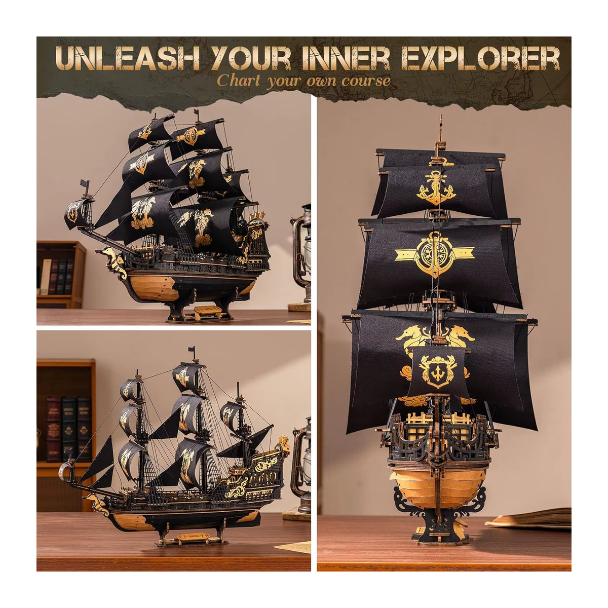 Robotime Rokr 3D-Holzpuzzle Meereshaus Barke in Schwarz als Modellbausatz und Schreibtischdekoration - Bild 3