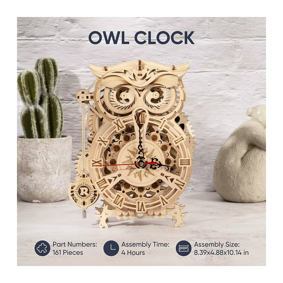 Robotime Rokr DIY 3D Eule Uhr aus Holz, Kreatives Holzmodell Bausatz in Beige, Vintage Design Montage Spielzeug für Kinder und Erwachsene, LK503 - Bild 4