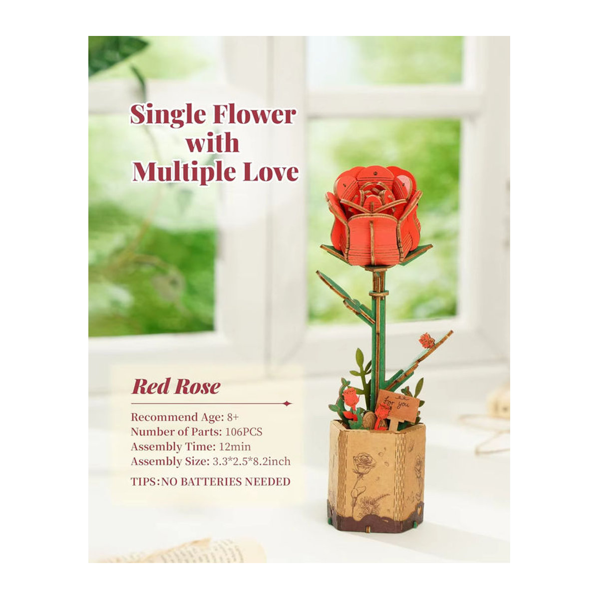 Robotime Rolife 3D Holzpuzzle Ewige Blumen Holzmodellbausatz in Rot und Rosa - Bild 1