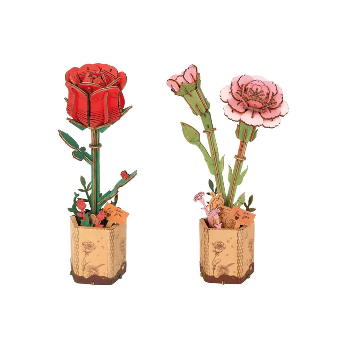 Robotime Rolife 3D Holzpuzzle Ewige Blumen Holzmodellbausatz in Rot und Rosa - Bild 3