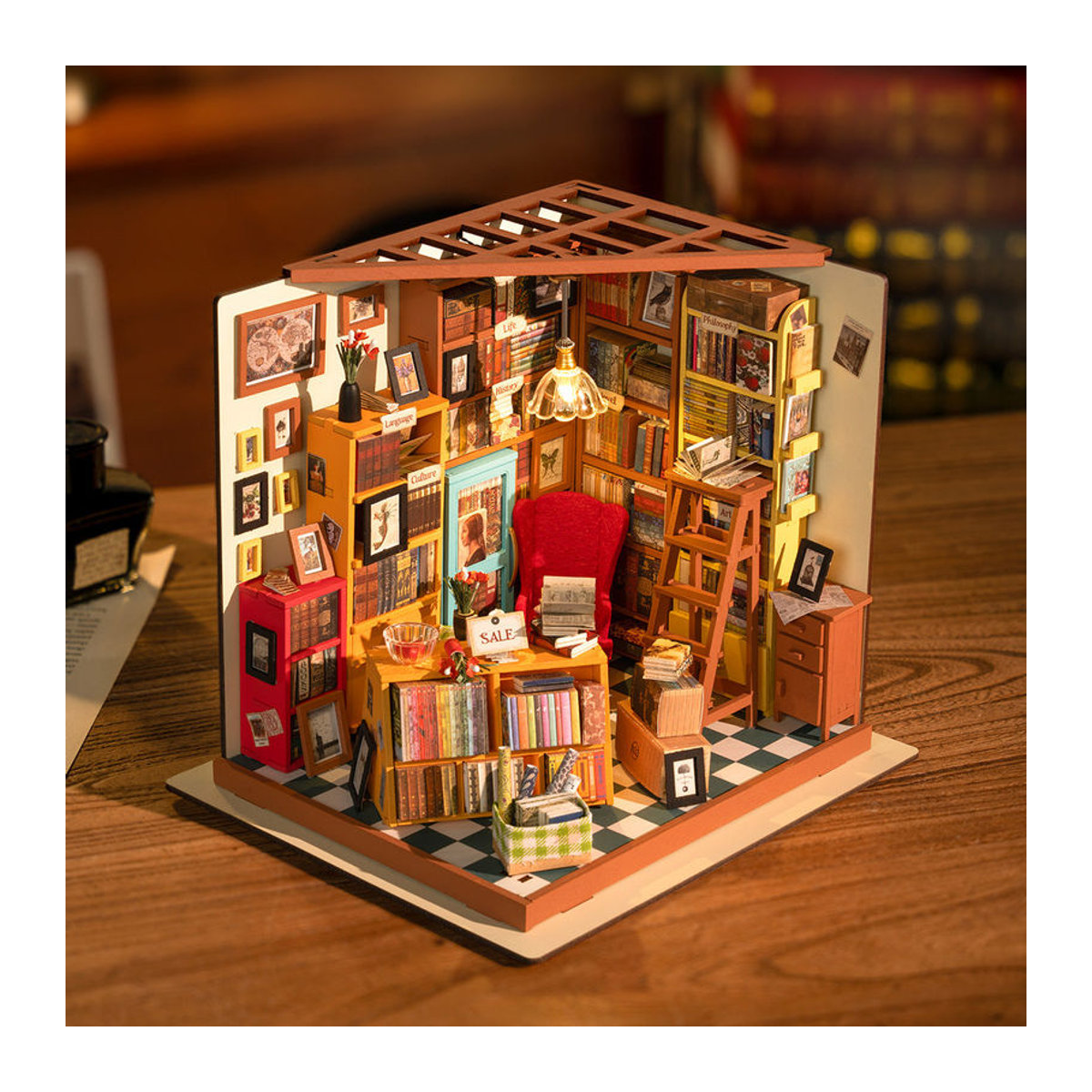 ROBOTIME Rolife 3D-Puzzle Sam's Arbeitszimmer Bibliothek DIY Miniaturhaus Bausatz aus Holz, mehrfarbig - Bild 4