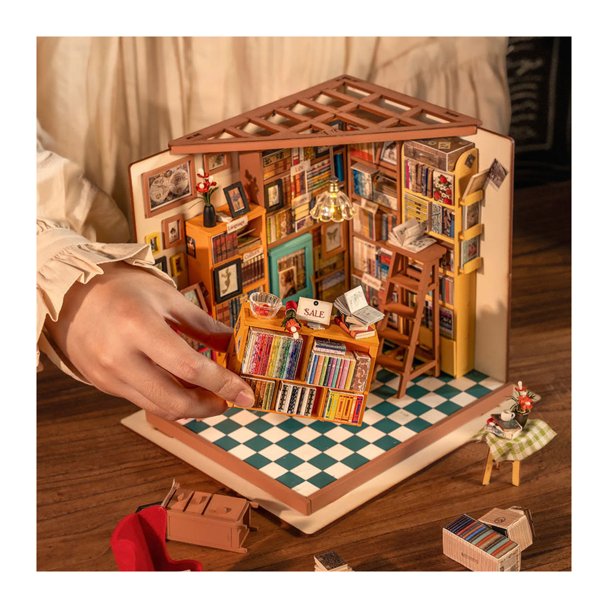 ROBOTIME Rolife 3D-Puzzle Sam's Arbeitszimmer Bibliothek DIY Miniaturhaus Bausatz aus Holz, mehrfarbig - Bild 6