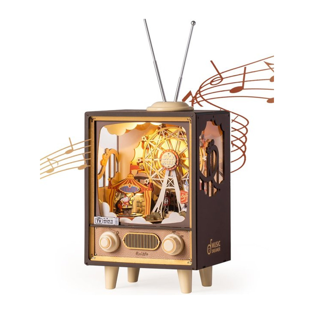 Robotime Rolife Sonnenuntergang Karneval 3D Holzpuzzle Spieluhr mit Lichtern und Riesenrad in Braun - Bild 1