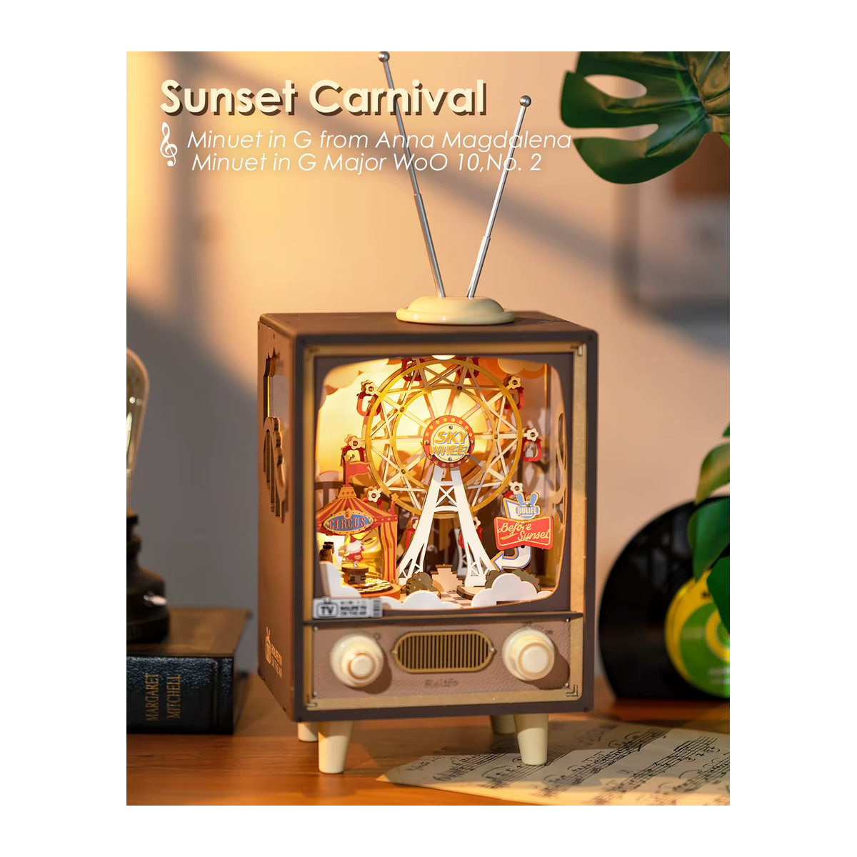 Robotime Rolife Sonnenuntergang Karneval 3D Holzpuzzle Spieluhr mit Lichtern und Riesenrad in Braun - Bild 4