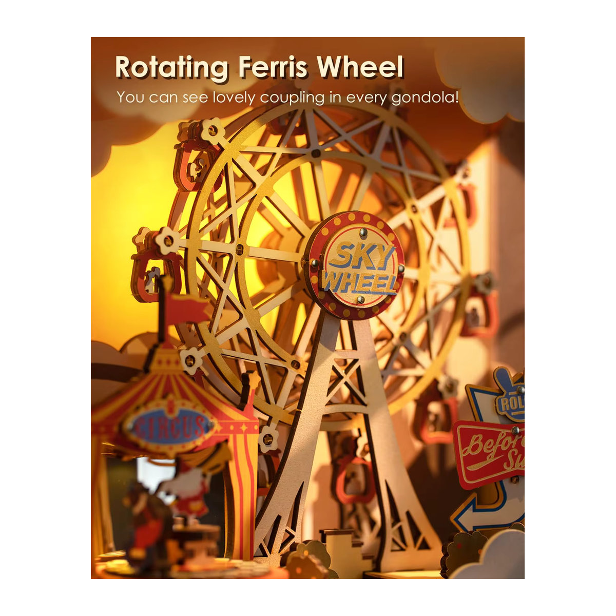 Robotime Rolife Sonnenuntergang Karneval 3D Holzpuzzle Spieluhr mit Lichtern und Riesenrad in Braun - Bild 5