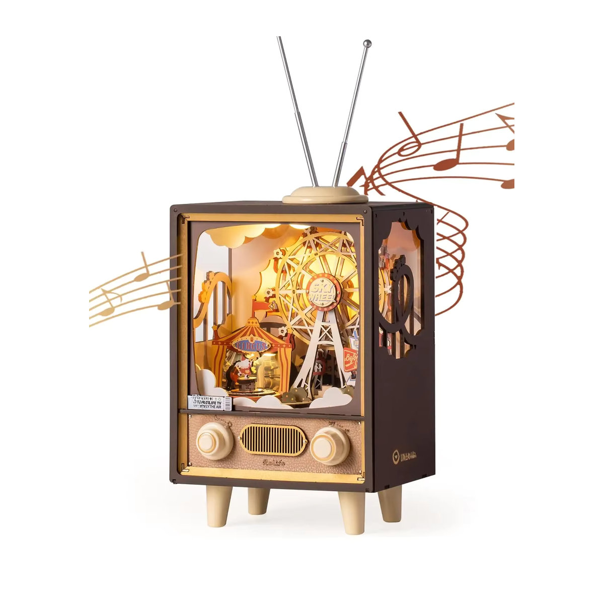Robotime Rolife Sonnenuntergang Karneval 3D Holzpuzzle Spieluhr mit Lichtern und Riesenrad in Braun - Bild 7