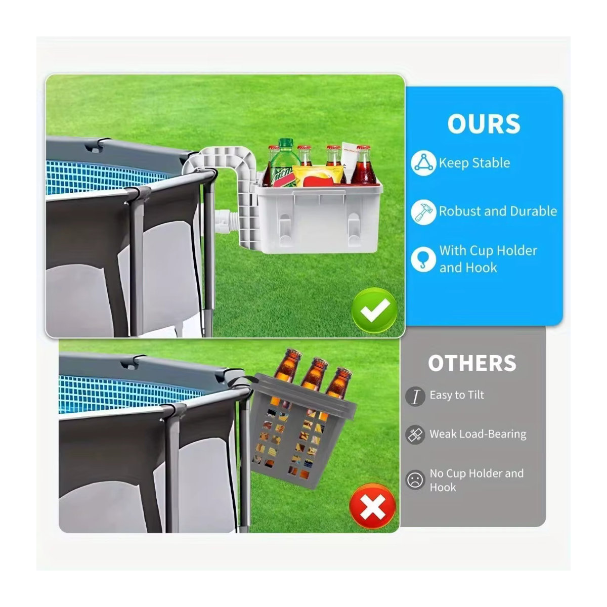 Robuster Pool-Korb mit Getränkehalter aus verdicktem Kunststoff für oberirdische Pools und Rahmenpools - Bild 3