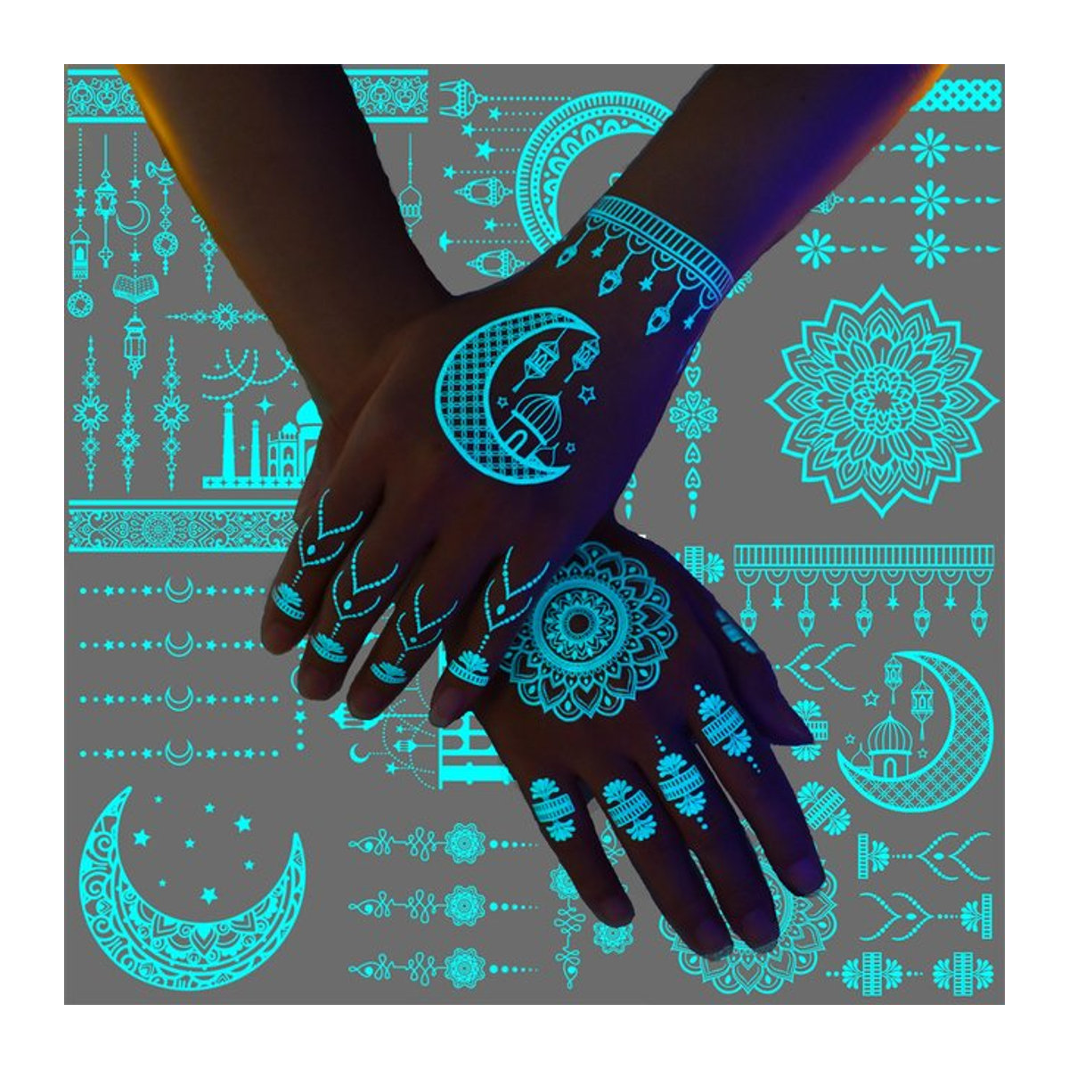 ROCOOART Ramadan Temporäre Tattoos für Frauen, 4-Blatt Design in Blau, Wasserfeste Aufkleber mit Leuchteffekt im Dunkeln, Orientalisch und Geometrisch - Bild 1
