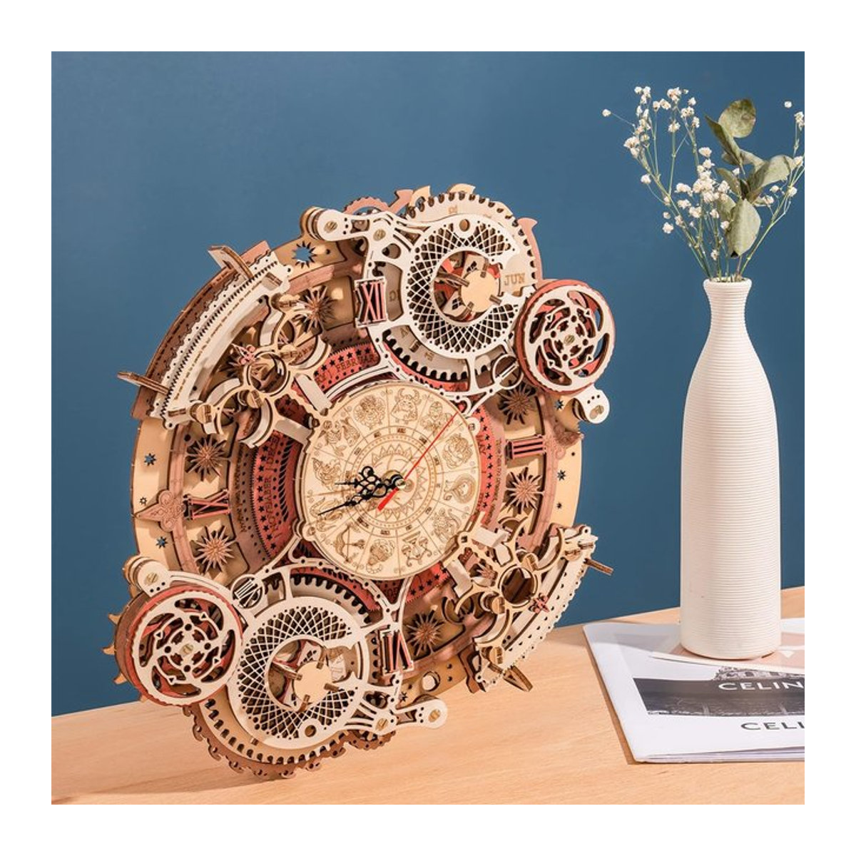 ROKR 3D Holzpuzzle Steampunk Mechanische Wanduhr DIY Bausatz in Braun - Bild 1