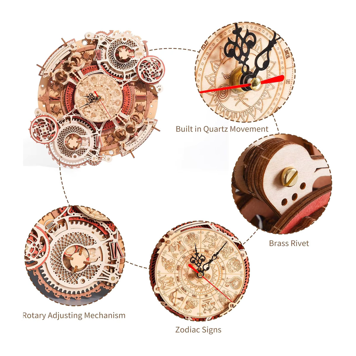 ROKR 3D Holzpuzzle Steampunk Mechanische Wanduhr DIY Bausatz in Braun - Bild 2
