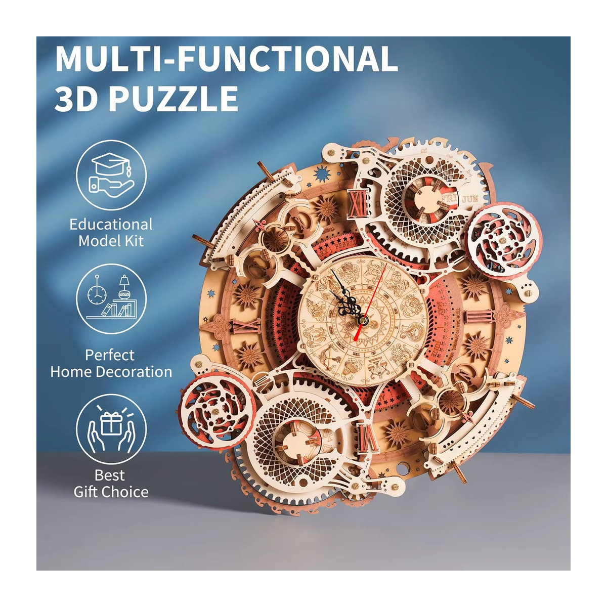ROKR 3D Holzpuzzle Steampunk Mechanische Wanduhr DIY Bausatz in Braun - Bild 3
