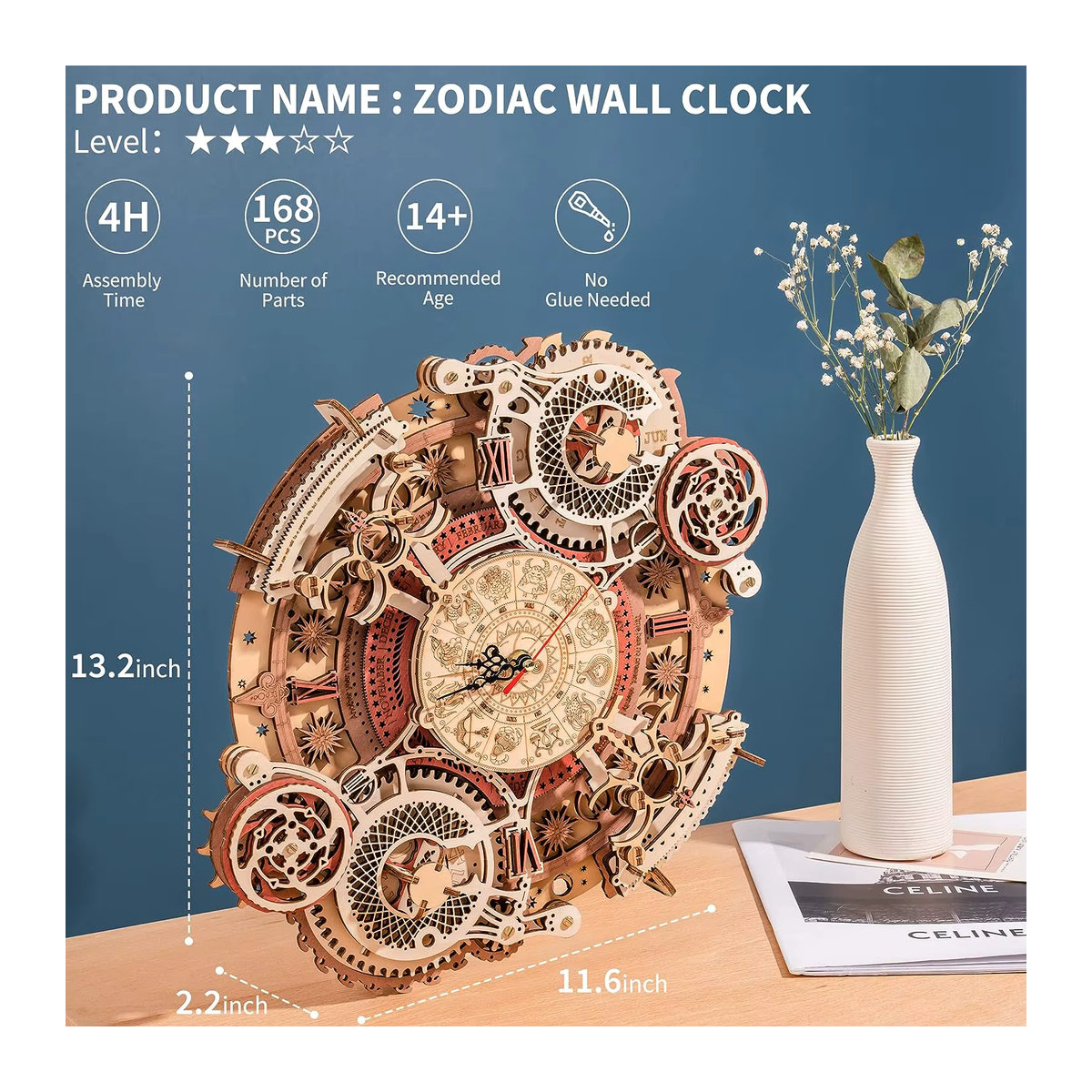 ROKR 3D Holzpuzzle Steampunk Mechanische Wanduhr DIY Bausatz in Braun - Bild 4