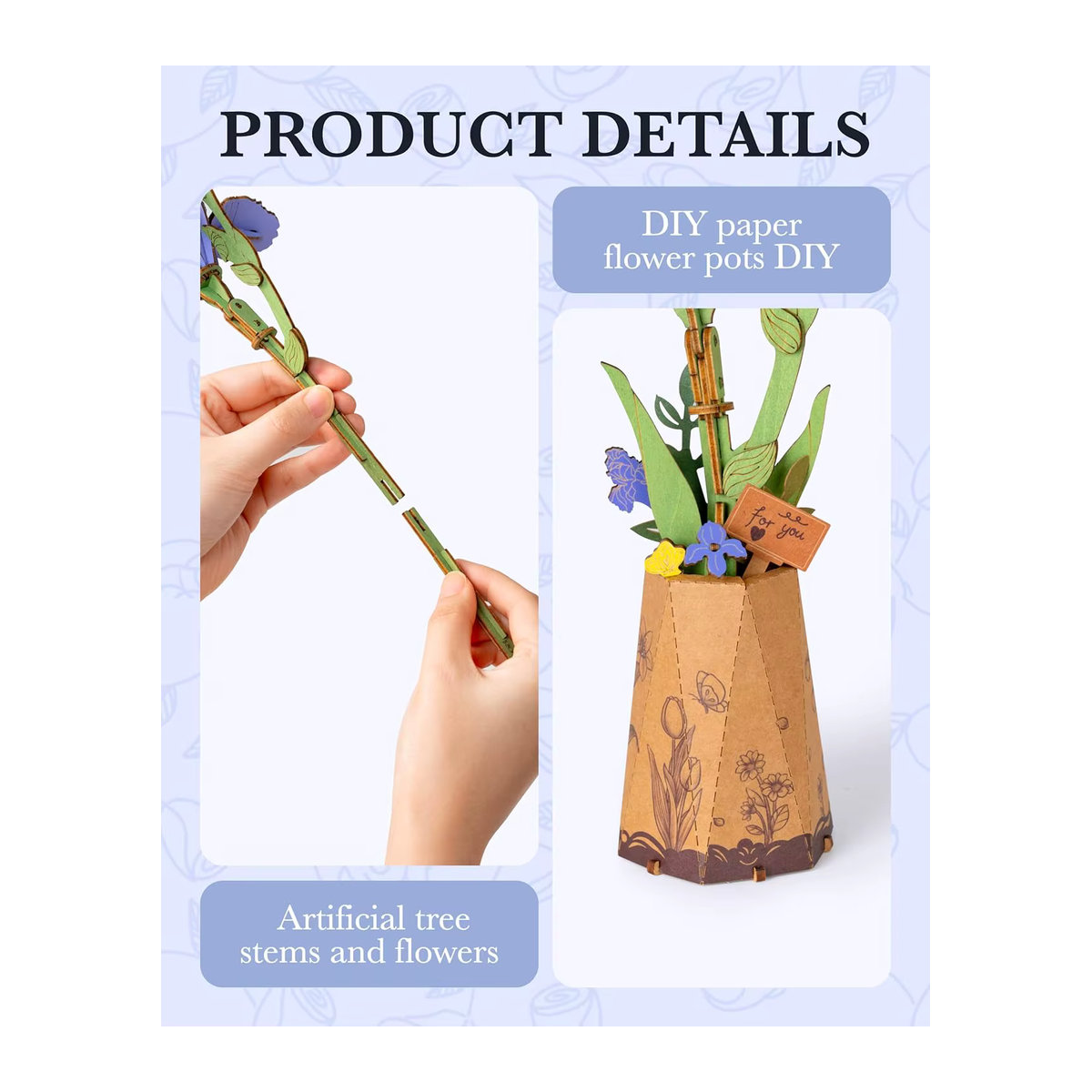 Rolife 3D Holz-Modellbausatz Lila Iris und Rosa Dahlie, Florales Blüten-Puzzle für Erwachsene - Bild 2