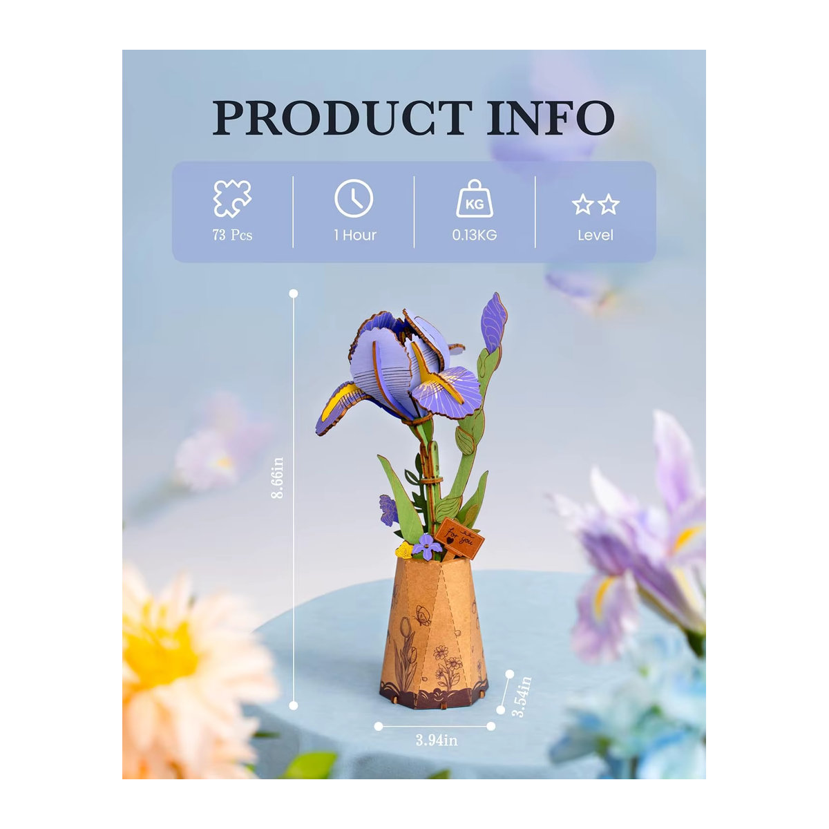 Rolife 3D Holz-Modellbausatz Lila Iris und Rosa Dahlie, Florales Blüten-Puzzle für Erwachsene - Bild 3