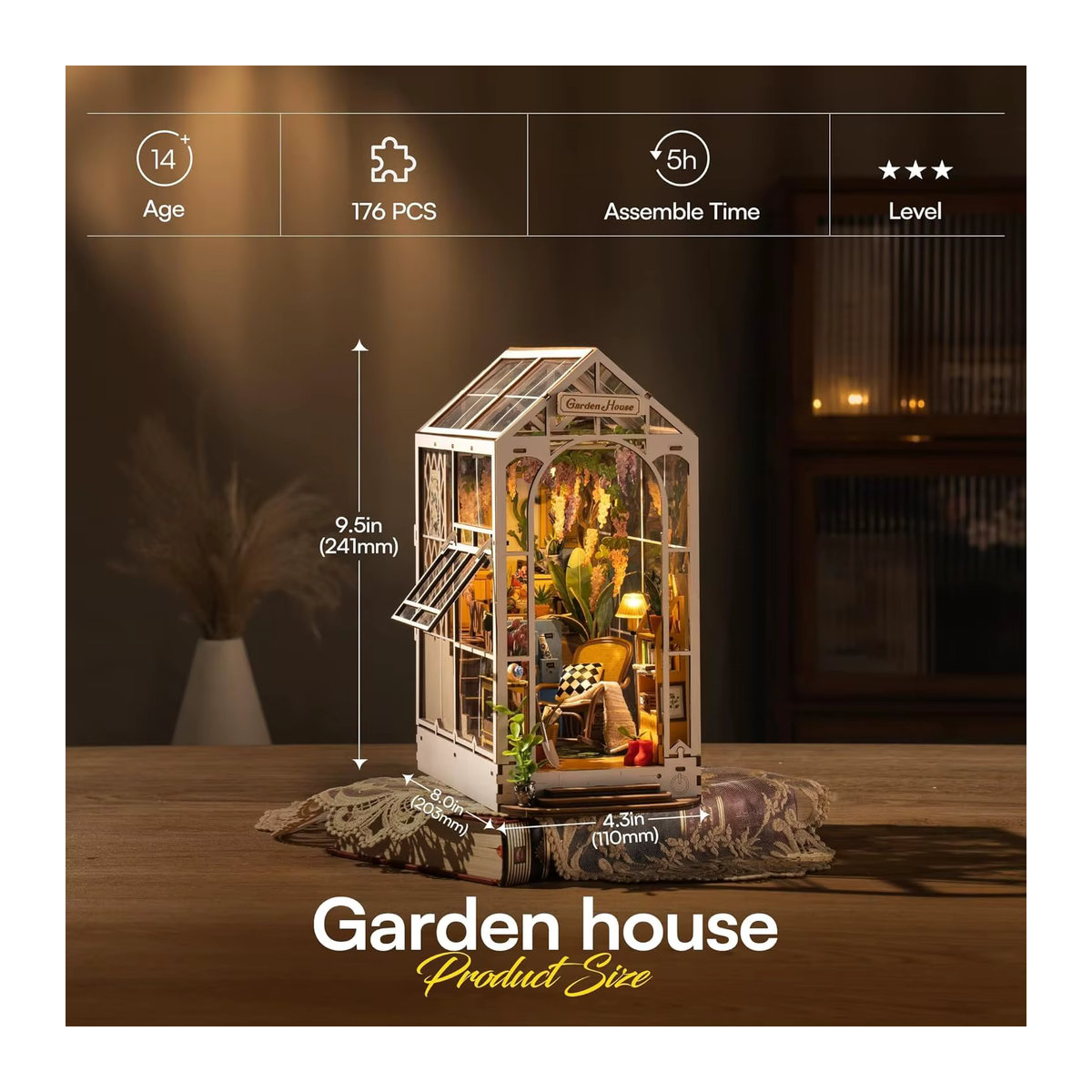 Rolife Gartenhaus Buchnische DIY Puppenhaus Buchstützen-Modellbausatz mit LED-Beleuchtung aus Holz in Weiß – TGB06 - Bild 5