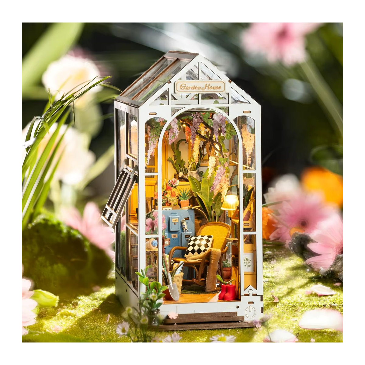 Rolife Gartenhaus Buchnische DIY Puppenhaus Buchstützen-Modellbausatz mit LED-Beleuchtung aus Holz in Weiß – TGB06 - Bild 6