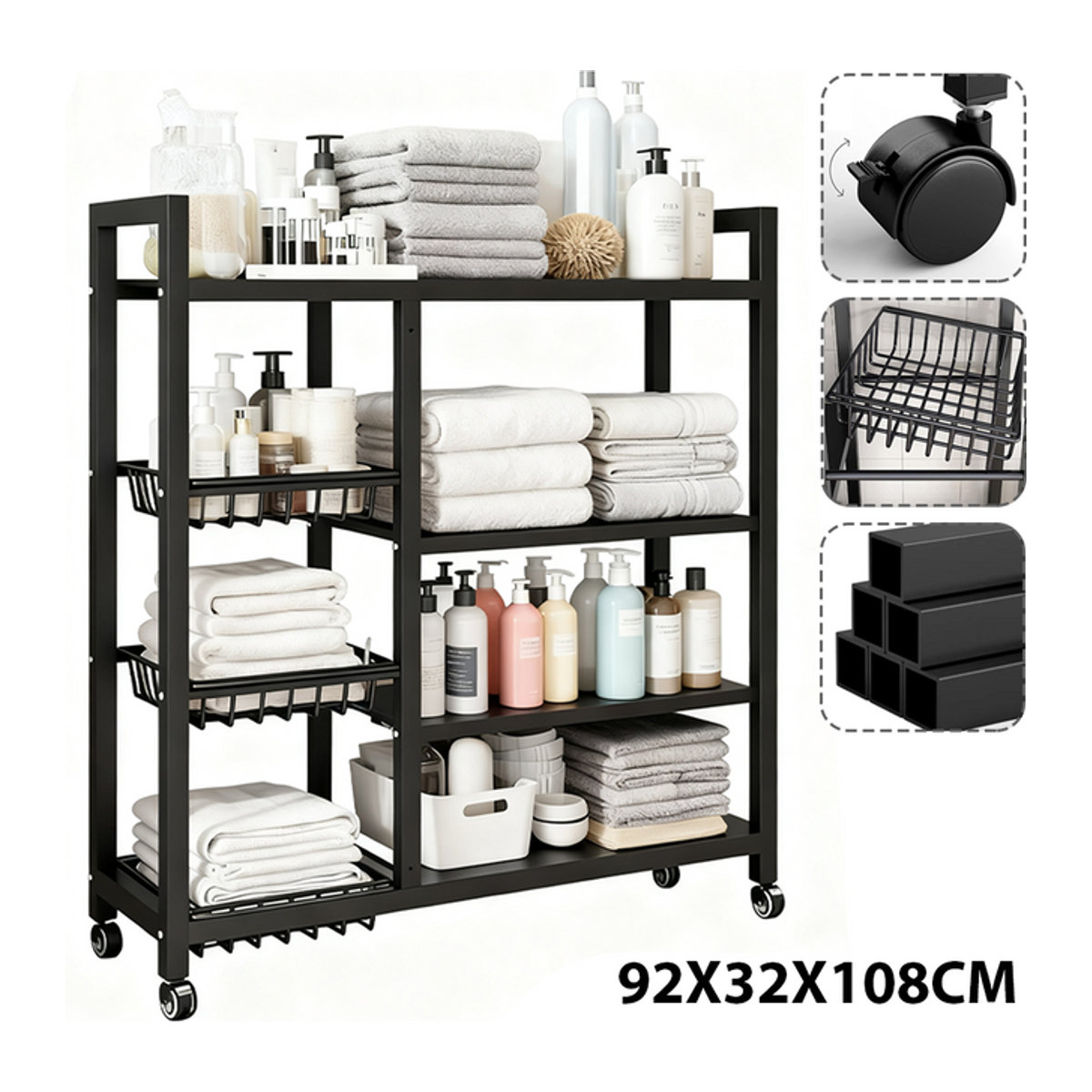 Rollbares 4-stufiges Multifunktionsregal aus Metall in Schwarz, B/T/H: 92 x 32 x 108 cm - Bild 1